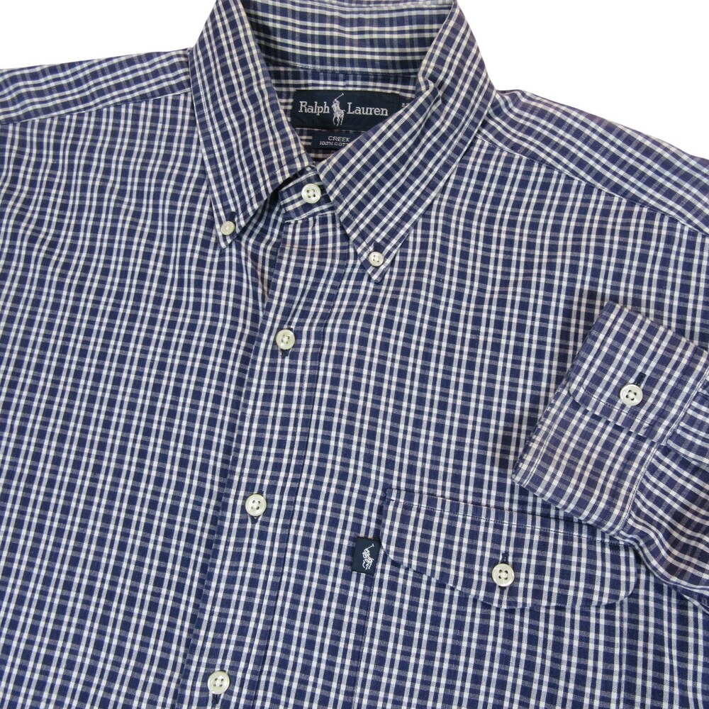 Vintage Polo Ralph Lauren Mens Button Down Shirt M Navy Blue Check Creek Flap